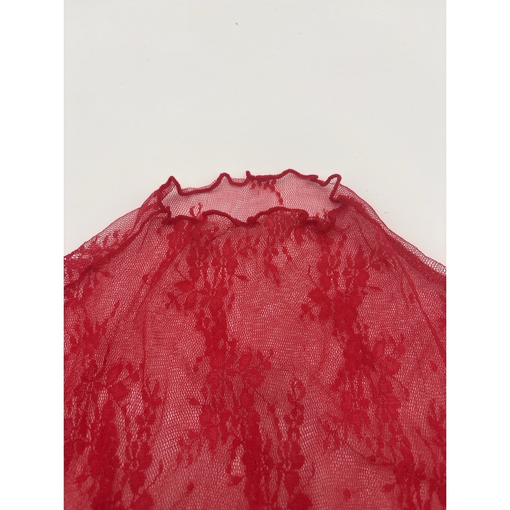 MEROKEETY Red Sheer Lace Top Long Sleeve Y2K Mesh Stretch Fitted‎ Size M - Picture 6 of 6